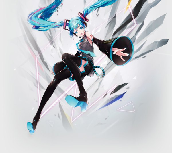Anime picture 1500x1330 with vocaloid hatsune miku yucca-612 (neco) single long hair looking at viewer fringe open mouth twintails full body nail polish :d aqua eyes aqua hair armpit (armpits) outstretched arm sleeves past wrists convenient leg girl skirt