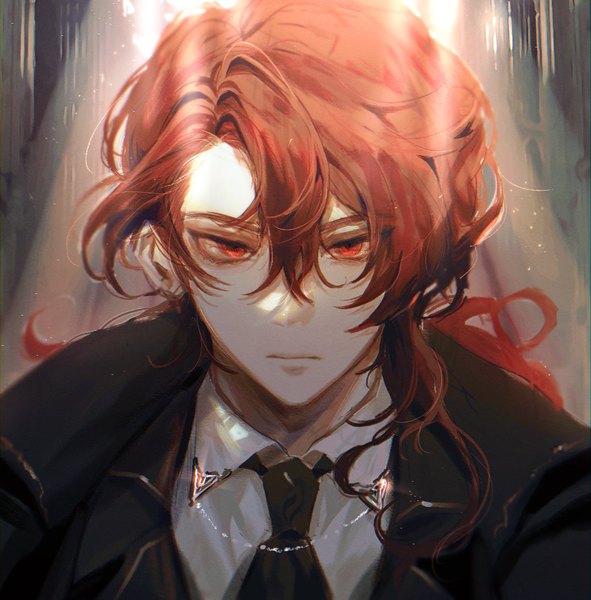 Anime-Bild 1073x1090 mit genshin impact diluc ragnvindr kama (kamettchi) single long hair tall image looking at viewer fringe hair between eyes red eyes upper body red hair portrait low ponytail serious boy necktie