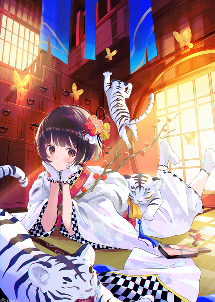 Anime picture 1500x2104 with original akamoku single tall image looking at viewer blush short hair black hair brown eyes indoors lying traditional clothes japanese clothes on stomach new year head rest checkered girl gloves hair ornament