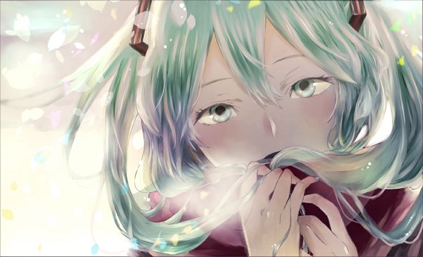 Anime picture 1168x712 with vocaloid hatsune miku saki (pixiv7355000) single long hair looking at viewer fringe wide image twintails close-up exhalation steam girl petals scarf