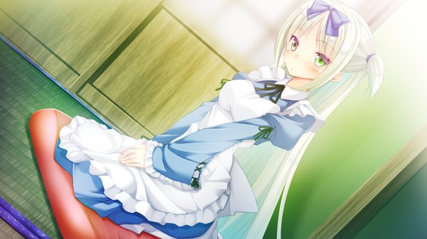Anime picture 1024x576 with gakuen butou no folklore single long hair looking at viewer blush wide image green eyes game cg white hair girl dress bow hair bow