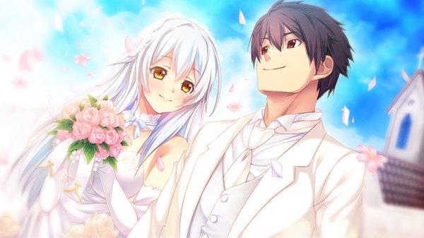 Anime picture 1280x720 with innocent bullet miyasu sanae long hair short hair black hair smile red eyes wide image yellow eyes game cg white hair wedding girl dress boy gloves flower (flowers) petals elbow gloves bouquet