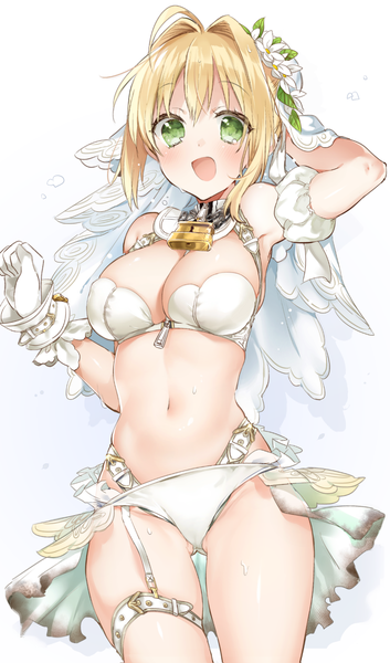 Anime picture 1083x1836 with fate (series) fate/grand order fate/extra fate/extra ccc nero claudius (fate) (all) nero claudius (bride) (fate) sino (sionori) single long hair tall image looking at viewer blush fringe breasts open mouth light erotic blonde hair smile white background bare shoulders