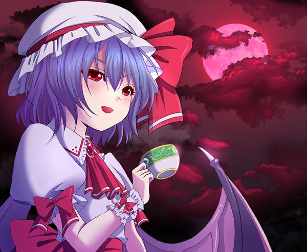 Anime picture 1000x823 with touhou remilia scarlet mimika (puetilun) single blush short hair red eyes blue hair cloud (clouds) red moon girl dress wings bonnet cup