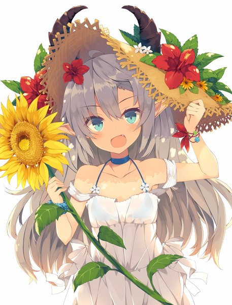 Anime picture 1000x1312 with original nibiiro shizuka single long hair tall image looking at viewer blush open mouth blue eyes white background horn (horns) pointy ears grey hair girl flower (flowers) hat sundress
