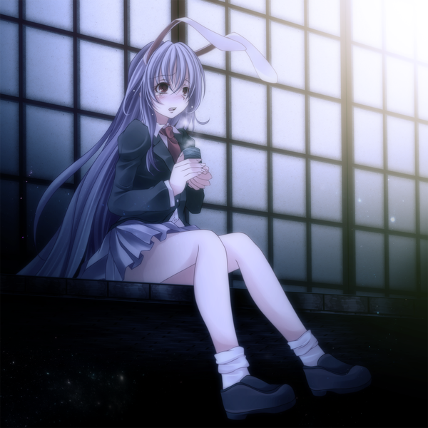Anime picture 1500x1500 with touhou reisen udongein inaba s-syogo long hair blush red eyes sitting blue hair bunny ears bunny girl cold girl skirt miniskirt