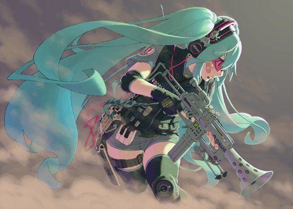 Anime picture 1493x1063 with vocaloid hatsune miku achako (badendo) single open mouth twintails very long hair aqua hair girl thighhighs gloves weapon black thighhighs shorts headphones fingerless gloves gun vest goggles bandaid