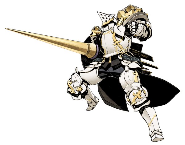 Anime-Bild 1040x818 mit 7th dragon vanisher (7th dragon) miwa shirow single simple background white background full body knight boy weapon armor cape helmet spaulder (spaulders) spear gauntlets knee pads