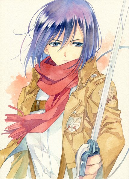 Anime picture 719x1000 with shingeki no kyojin production i.g mikasa ackerman agahari single tall image looking at viewer short hair purple eyes purple hair wind traditional media watercolor (medium) girl weapon sword jacket scarf red scarf