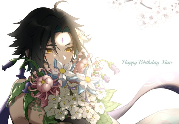 Anime picture 2500x1733 with genshin impact xiao (genshin impact) yumpnt single highres short hair black hair simple background white background yellow eyes upper body ahoge looking down happy birthday forehead mark boy flower (flowers) bouquet
