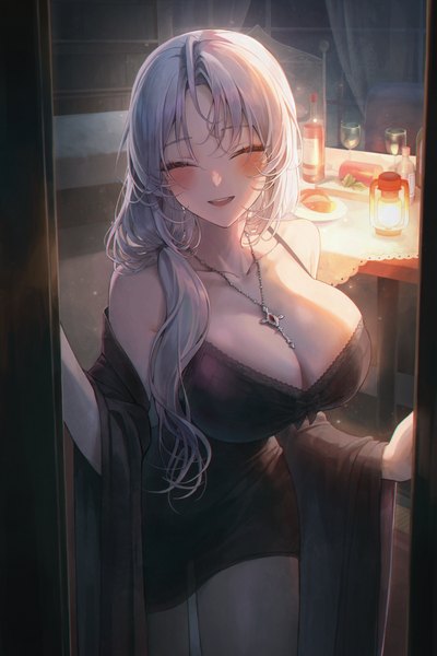 Anime picture 3500x5250 with original meoyo single long hair tall image blush fringe highres breasts light erotic smile hair between eyes red eyes standing absurdres silver hair indoors eyes closed off shoulder wide sleeves