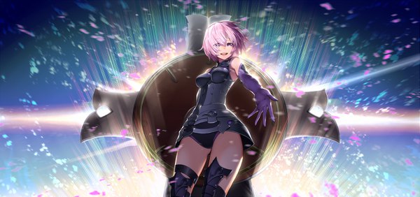 Anime picture 3069x1447 with fate (series) fate/grand order mash kyrielight essual (layer world) single looking at viewer fringe highres short hair breasts open mouth light erotic smile wide image purple eyes pink hair :d wind hair over one eye teeth