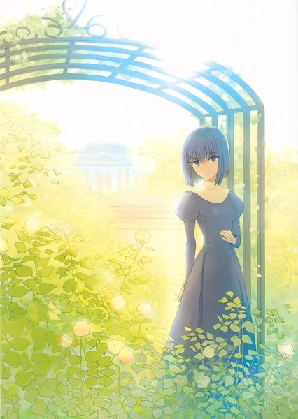 Anime picture 1200x1690 with mahou tsukai no yoru type-moon kuonji alice single tall image looking at viewer fringe short hair standing blue hair sunlight nature girl dress flower (flowers) plant (plants) building (buildings) stairs arch garden