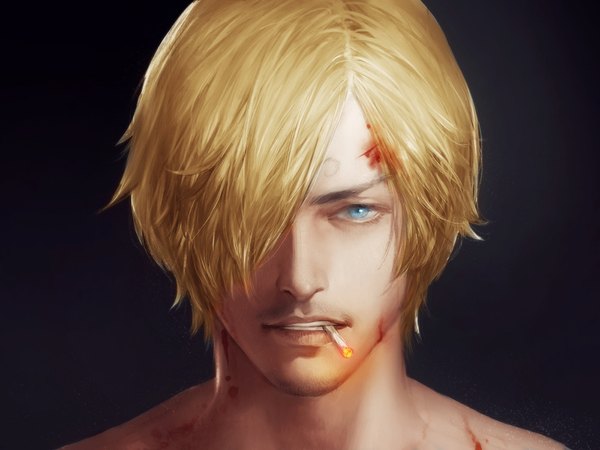 Anime-Bild 1000x750 mit one piece toei animation sanji shitsu soku k killer4fx single looking at viewer fringe short hair blue eyes simple background blonde hair holding parted lips hair over one eye realistic teeth mouth hold coloring black background