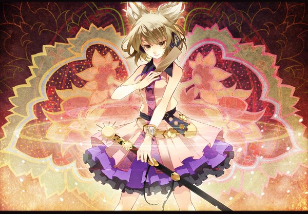 Anime picture 1488x1036 with touhou toyosatomimi no miko shiyun single short hair brown hair bare shoulders brown eyes sleeveless girl flower (flowers) sword headphones