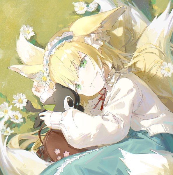 Anime picture 2574x2598 with the legend of luo xiaohei arknights suzuran (arknights) luo xiaohei suzuran (spring praise) (arknights) yuyin (uzrv7533) single long hair tall image highres blonde hair green eyes animal ears looking away outdoors tail lying animal tail fox ears official alternate costume