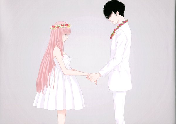 Anime picture 3434x2420 with vocaloid just be friends (vocaloid) megurine luka long hair highres short hair black hair simple background bare shoulders pink hair absurdres eyes closed profile holding hands girl dress boy white dress suit wreath