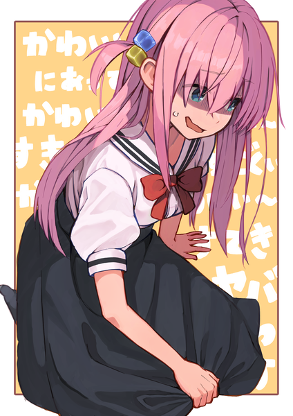 Anime picture 2481x3508 with bocchi the rock! cloverworks gotou hitori neko (hansinn) single long hair tall image fringe highres open mouth blue eyes hair between eyes looking away pink hair one side up border shaded face sweatdrop outside border sailor collar