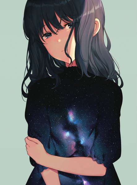 Anime picture 1419x1920 with original achiki single long hair tall image looking at viewer fringe black hair simple background hair between eyes standing upper body black eyes scan shaded face green background holding arm starry sky print space print girl