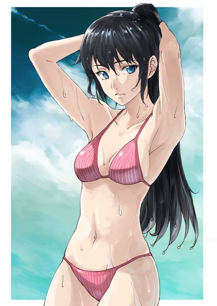 Anime picture 2508x3541 with original puma (hyuma1219) single long hair tall image fringe highres breasts blue eyes light erotic black hair looking away sky cloud (clouds) ponytail bare belly armpit (armpits) arms behind head framed girl