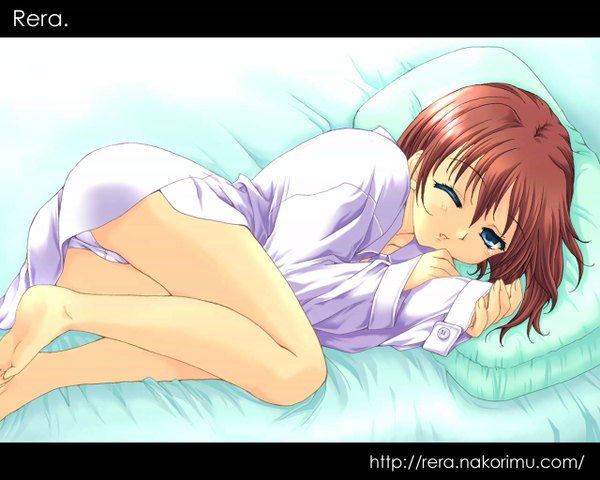 Anime picture 1280x1024 with koizumi rei single short hair open mouth blue eyes light erotic brown hair bent knee (knees) lying long sleeves one eye closed barefoot from above sleeves past wrists on side letterboxed girl underwear panties shirt