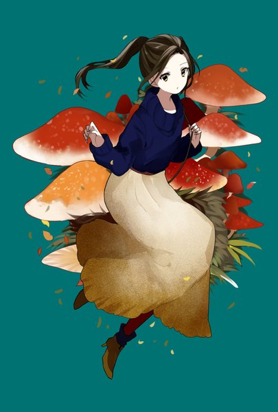 Anime picture 1377x2039 with original sogawa single long hair tall image looking at viewer brown hair brown eyes payot full body ponytail parted lips fingernails high heels floating hair aqua background girl skirt pantyhose boots