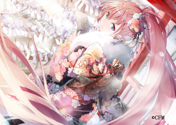 Anime picture 1682x1200 with vocaloid megurine luka daidou (demitasse) single looking at viewer blush fringe blue eyes smile hair between eyes standing holding pink hair ponytail very long hair traditional clothes japanese clothes looking back wind from behind