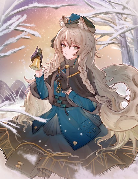 Anime picture 1000x1300 with arknights pramanix (arknights) pramanix (caster's frost) (arknights) haku wi single long hair tall image looking at viewer fringe hair between eyes animal ears outdoors tail braid (braids) animal tail grey hair grey eyes twin braids official alternate costume snow