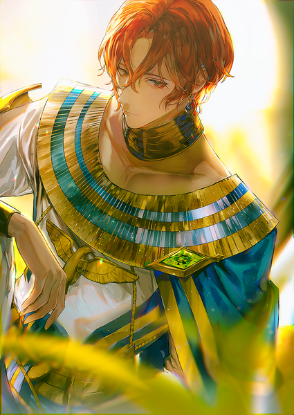 Anime picture 817x1153 with tales of (series) tales of arise dohalim (tales) say hana single tall image fringe short hair hair between eyes red eyes upper body red hair traditional clothes egyptian clothes boy earrings necklace gem
