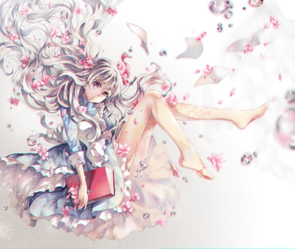 Anime picture 1250x1058 with kagerou project shaft (studio) mary (kagerou project) teka single looking at viewer fringe silver hair bent knee (knees) very long hair pink eyes barefoot hair flower legs wavy hair girl hair ornament flower (flowers) ribbon (ribbons) hair ribbon