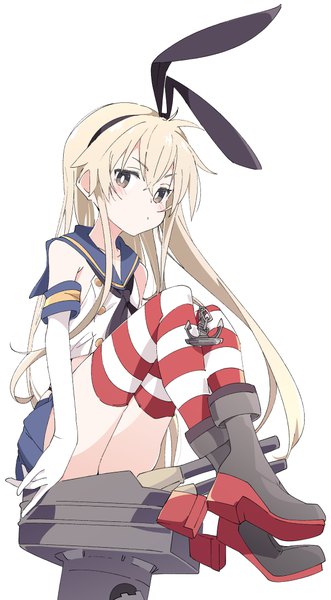Anime picture 603x1091 with kantai collection shimakaze destroyer rensouhou-chan ixy single long hair tall image looking at viewer blush fringe light erotic simple background blonde hair hair between eyes white background sitting brown eyes full body girl thighhighs