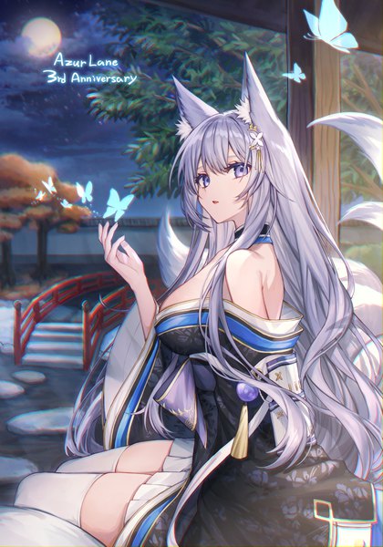 Anime picture 800x1142 with azur lane shinano (azur lane) coyucom single long hair tall image looking at viewer breasts light erotic large breasts sitting purple eyes animal ears cloud (clouds) outdoors tail traditional clothes parted lips japanese clothes animal tail