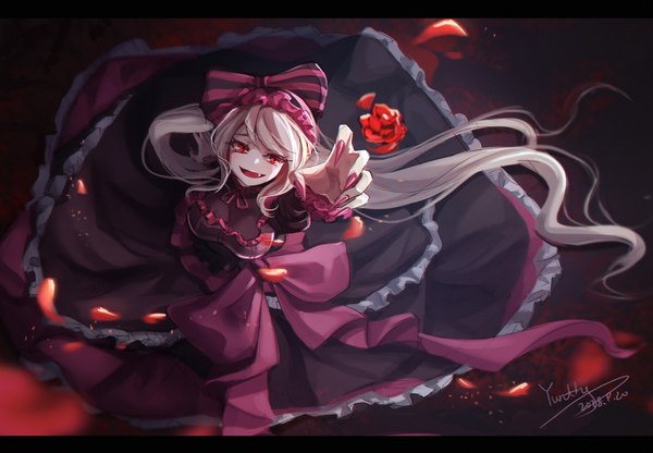 Anime picture 2600x1804 with overlord (maruyama) madhouse shalltear bloodfallen lalazyt single long hair looking at viewer highres open mouth smile red eyes signed silver hair ponytail nail polish :d fingernails from above fang (fangs) floating hair