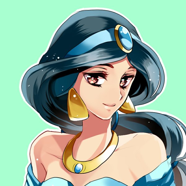 Anime picture 800x800 with aladdin disney jasmine kurabayashi single long hair looking at viewer black hair simple background smile red eyes bare shoulders portrait aqua background girl hair ornament earrings gold
