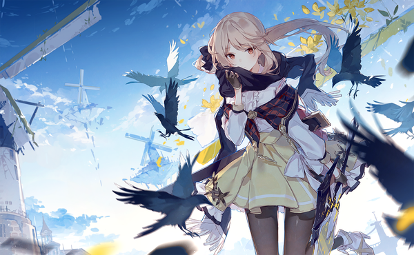 Anime picture 1390x859 with original asuka (louyun) single long hair blush fringe breasts brown hair wide image standing holding sky cloud (clouds) bent knee (knees) outdoors ponytail long sleeves pleated skirt arm up wind