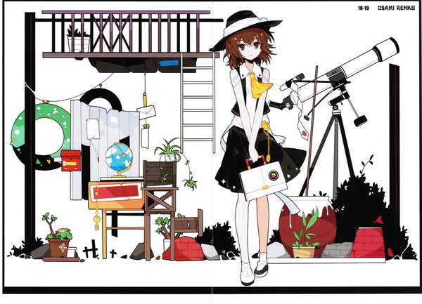 Anime picture 4189x3028 with touhou usami renko ideolo single looking at viewer fringe highres short hair brown hair standing holding brown eyes absurdres scan short sleeves character names border girl skirt plant (plants)