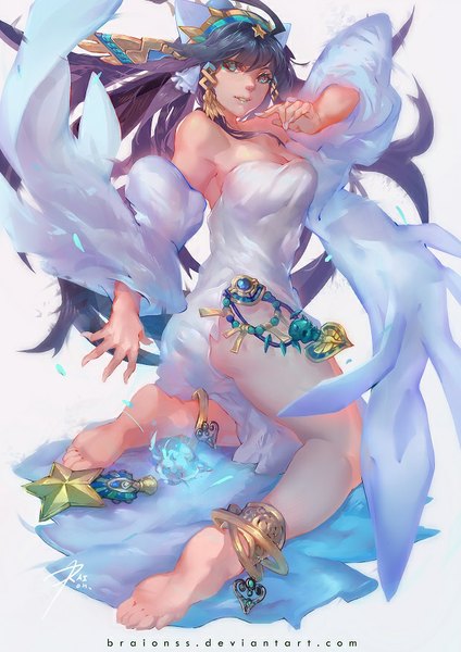 Anime picture 620x877 with puzzle & dragons isis (p&d) raionart single tall image breasts blue eyes light erotic purple hair very long hair traditional clothes fingernails legs girl bracelet arabian clothes