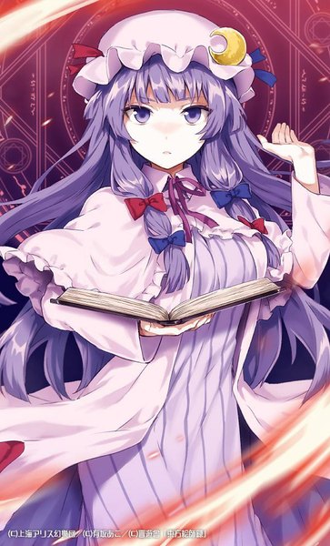 Anime picture 600x991 with touhou patchouli knowledge arisaka ako single long hair tall image looking at viewer fringe standing twintails purple eyes purple hair parted lips wind magic girl dress bow hair bow frills