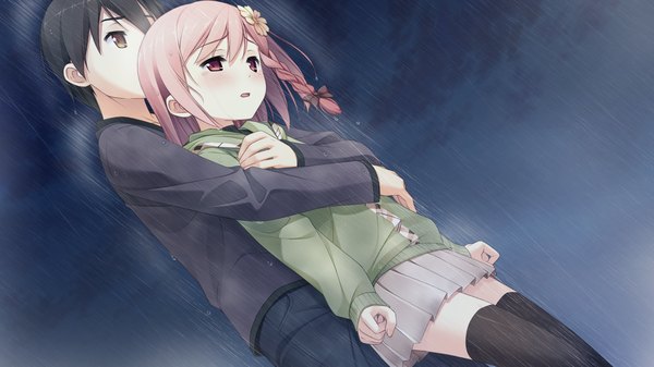 Anime picture 1920x1080 with your diary nagamine tomoki yua (your diary) kantoku blush highres short hair black hair red eyes wide image pink hair game cg braid (braids) hair flower loli couple rain girl thighhighs boy