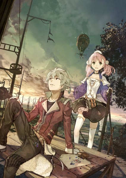 Anime picture 2480x3508 with atelier (series) atelier escha & logy gust (company) escha malier logix ficsario hidari (left side) long hair tall image highres short hair sitting twintails green eyes pink hair cloud (clouds) tail animal tail grey hair wide sleeves arm support