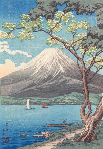 Anime picture 1422x2048 with original takahashi shoutei tall image signed sky mountain lake ambiguous gender plant (plants) tree (trees) water watercraft boat path mount fuji