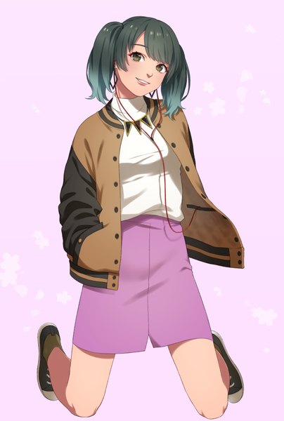 Anime picture 1349x2000 with original sumino akasuke single tall image short hair black hair smile twintails brown eyes open jacket grin kneeling short twintails gradient hair pink background hands in pockets casual girl skirt earrings