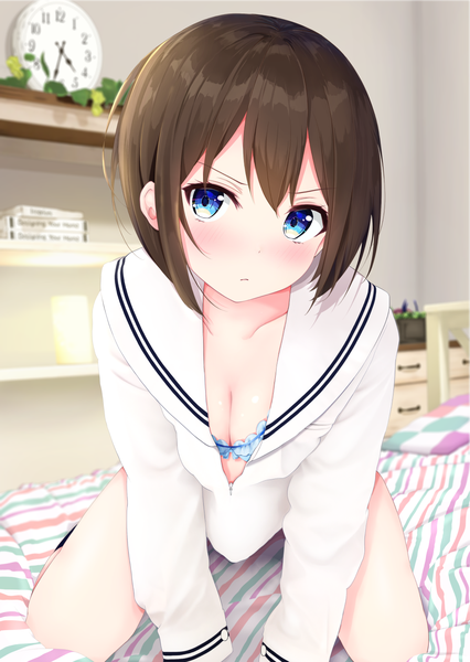 Anime picture 1066x1500 with original mito ichijyo single tall image looking at viewer blush fringe short hair breasts blue eyes light erotic hair between eyes brown hair cleavage indoors blurry leaning depth of field leaning forward kneeling