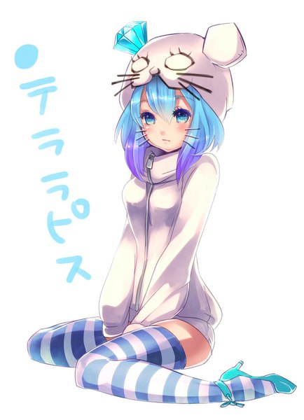 Anime picture 724x1000 with vocaloid aoki lapis ixima single long hair tall image looking at viewer blush breasts blue eyes simple background white background sitting blue hair inscription high heels wariza drawn whiskers girl thighhighs