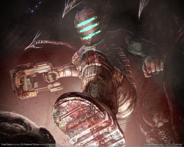 Anime picture 1280x1024 with dead space isaac clark shadow guro boy weapon armor blood helmet monster fist