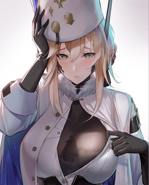 Anime picture 1033x1280 with punishing: gray raven bianca (punishing: gray raven) pandea work single tall image looking at viewer blush fringe short hair breasts light erotic simple background blonde hair hair between eyes large breasts white background green eyes upper body fur trim adjusting hat