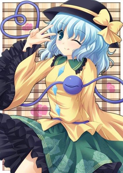 Anime picture 1079x1514 with touhou komeiji koishi shimotsuki keisuke single tall image blush short hair blue eyes smile blue hair one eye closed wink :p eyes girl skirt bow hat miniskirt green skirt