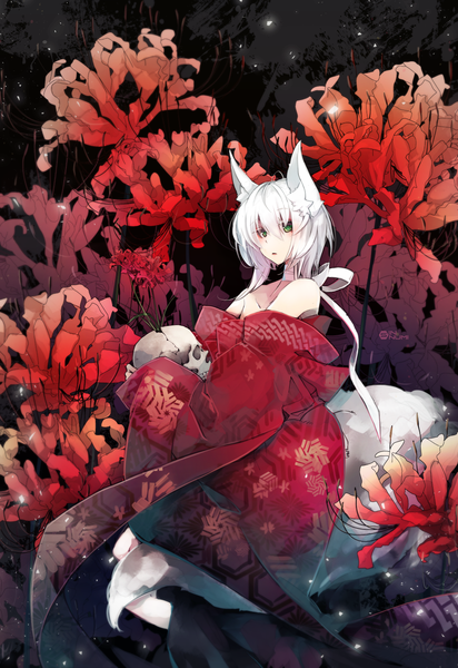 Anime picture 950x1381 with original numikko single tall image blush fringe short hair hair between eyes bare shoulders holding green eyes animal ears looking away bent knee (knees) white hair tail traditional clothes parted lips japanese clothes animal tail