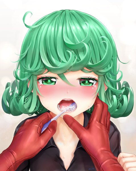 Anime picture 1274x1600 with one-punch man madhouse tatsumaki aki99 tall image looking at viewer blush short hair open mouth simple background white background green eyes green hair from above pov sexually suggestive brushing teeth girl gloves red gloves