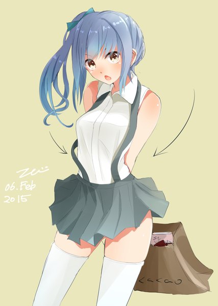 Anime picture 1502x2111 with kantai collection kasumi destroyer tebi (tbd11) single long hair tall image looking at viewer blush fringe open mouth light erotic simple background bare shoulders brown eyes blue hair pleated skirt alternate costume side ponytail dated hands behind back